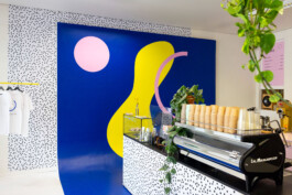 Bright blue and yellow tones enhance the modern and playful aesthetic of One for the Road before matter, architecture & interior design studio Frankfurt am Main